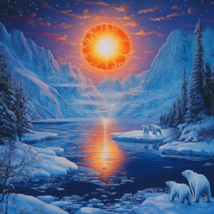 A fiery sun above a glacial lake with polar bears watching on