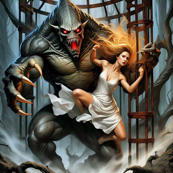 Woman fighting monster