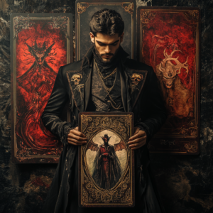 A vampire holding a large tarot card