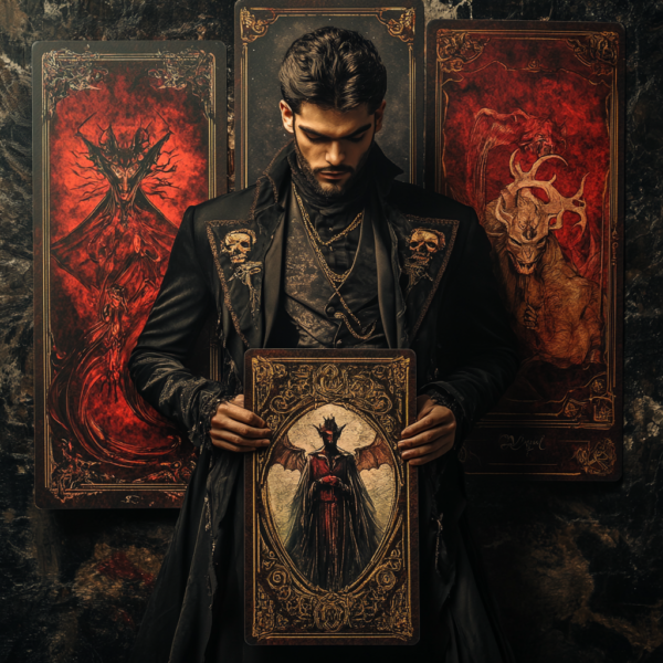 A vampire holding a large tarot card