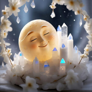 Happy moon surrounded by clear crystals and flowers