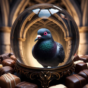 An inquisitive pigeon seen through a crystal ball surrounded by chocolates