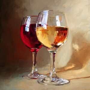Painting of wine glasses filled with red and white wine