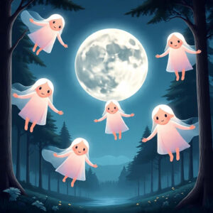 The Moon surrounded by enchanting spirits floating in the night sky