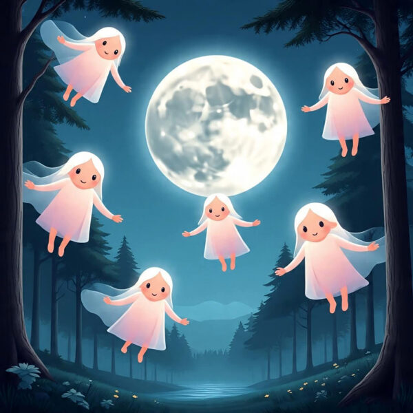 The Moon surrounded by enchanting spirits floating in the night sky