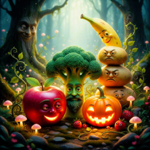 Happy fruit and vegetables in a forest with enchanting trees