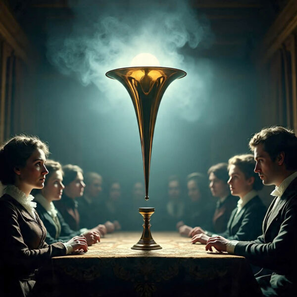 A séance scene with a spirit trumpet
