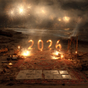A mystical new year scene featuring the numbers 2026 and depicting a tarot spread with fireworks