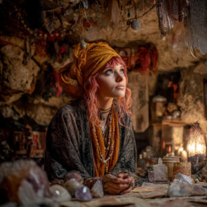 Fortune Teller, Madame Dora, in a mystical cavern offering her readings