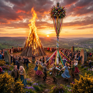 Beltane bonfire and May pole celebration