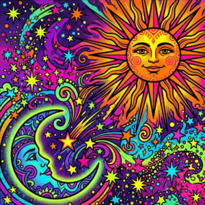 Vibrant graphic featuring the Moon and Sun