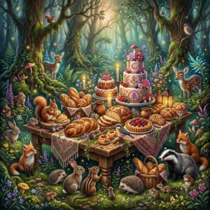 Resplendent Lammas setting in woodland with nature's creatures