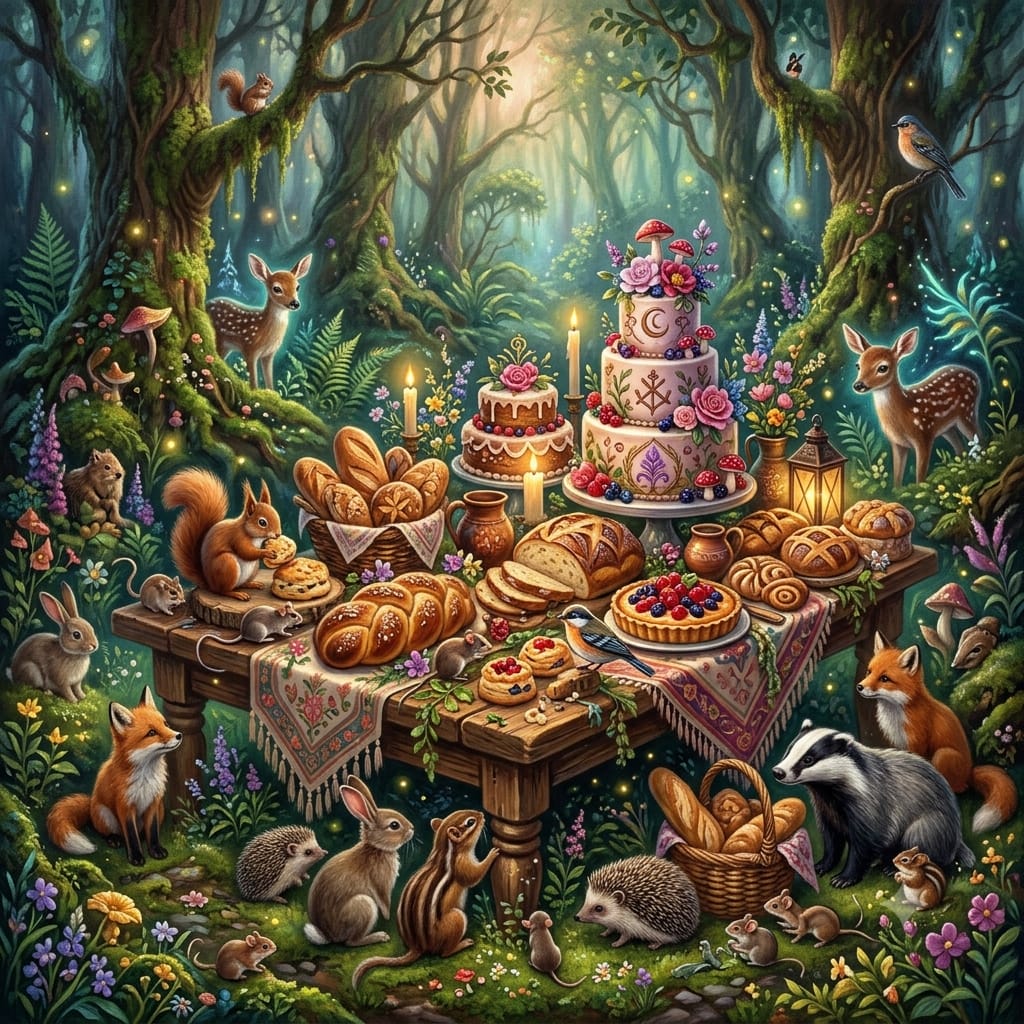 Resplendent Lammas setting in woodland with nature's creatures