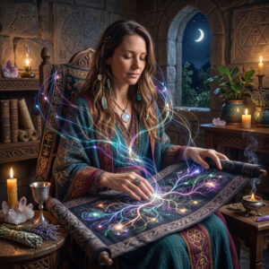 Woman with spiritual tapestry